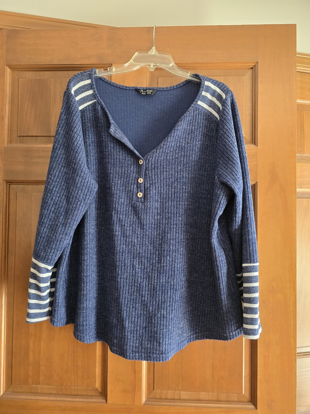 Blue Ribbed Long SLEEVE Henley Top